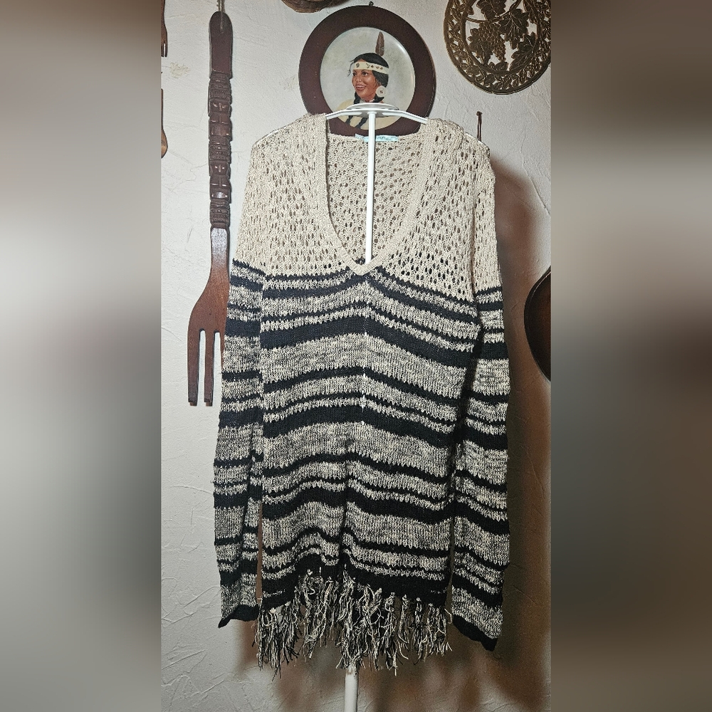 Maurices Sweater Women's Large Striped Crochet Hooded Fringe